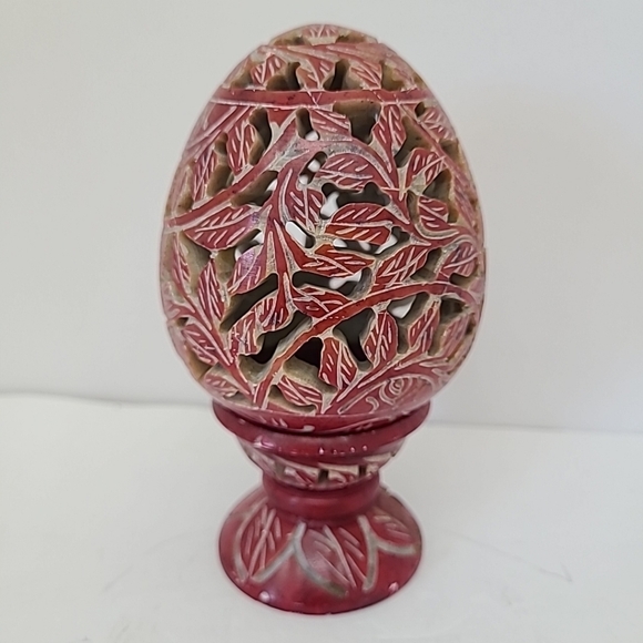 Handcarved Soapstone Egg Shapped On Pedestal Candle Holder 5.75"tall - Picture 4 of 9